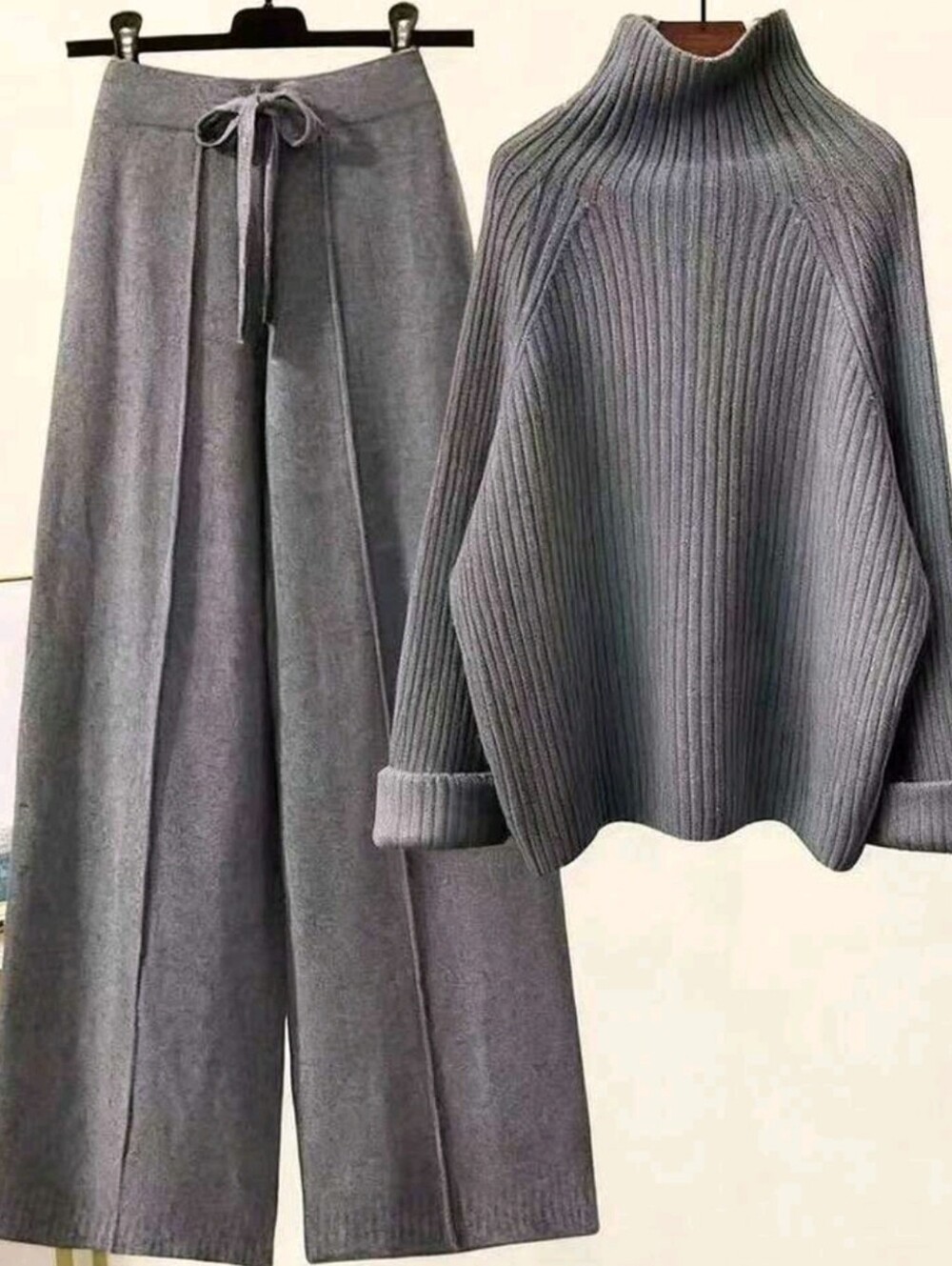 2pcs Women's Gray Winter Casual Elegant Lounge Knit Sweater Set,Ribbe